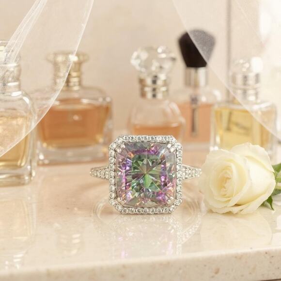 925 Sterling Silver Mystic Topaz CZ Halo Cocktail Ring Size 7.5 Multicolor - Picture 2 of 16